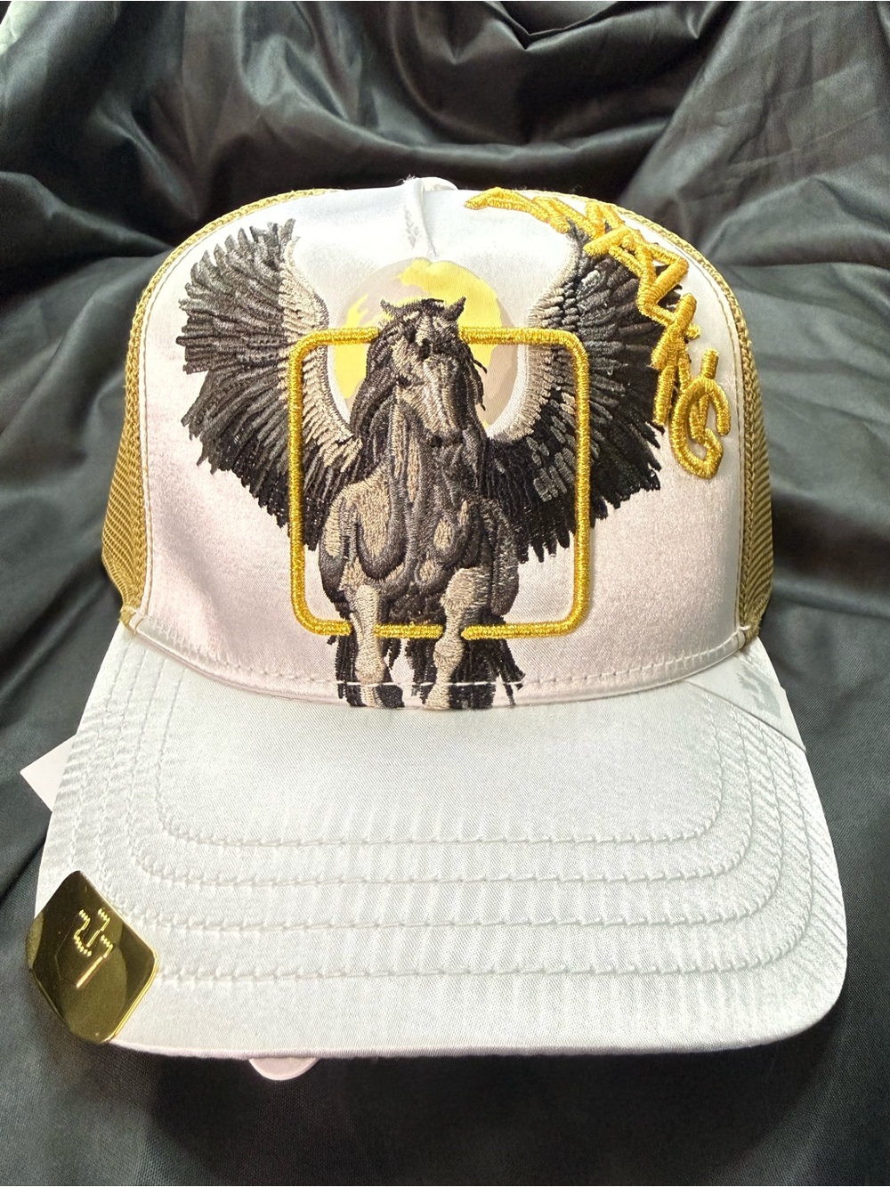 Goorin Bros White and Gold Herpes Amazing Embroidered Pegasus Trucker Hat